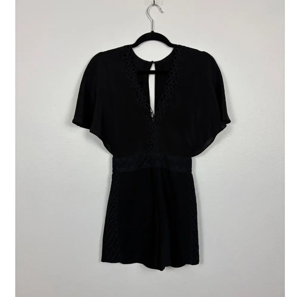 Maje Idelle Lace Trim Flutter Sleeve V Neck Silk Romper in Noir XS